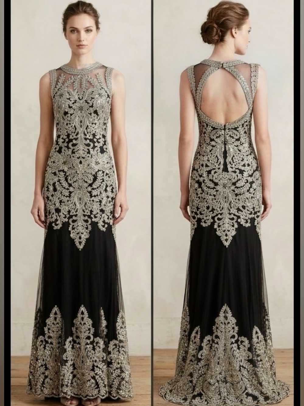Royal Queen NWT Black Gold Embroidered Mermaid Formal Gown Prom Dress 8